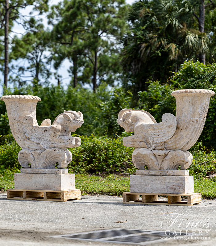 Marble Planters  - Mythical Ram Planter Pair In Classic Light Travertine - MP-343